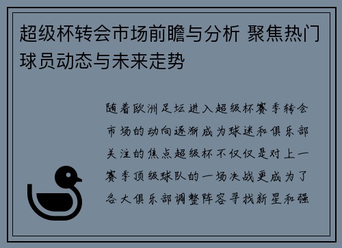 超级杯转会市场前瞻与分析 聚焦热门球员动态与未来走势