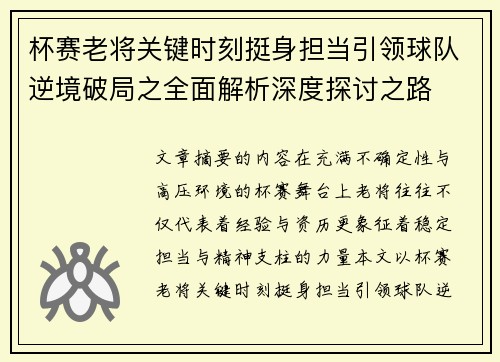 杯赛老将关键时刻挺身担当引领球队逆境破局之全面解析深度探讨之路